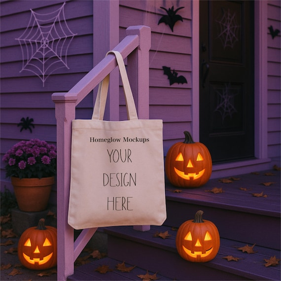 Spooky Fall Tote Bag Mockup: Halloween Pumpkins (JPEG Image, 5000x5000 px)