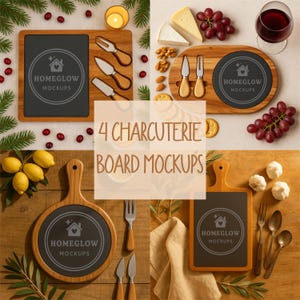 May include: Four charcuterie board mockups with wooden boards, slate inserts, and serving utensils. The boards are arranged with food items like cheese, grapes, and nuts. The boards have the text "HOMEGLOW MOCKUPS" in a circular logo.
