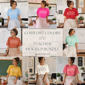 Könnte beinhalten: Eine Sammlung von Mockups mit Frauen, die verschiedenfarbige T-Shirts tragen. Die Shirts zeigen den Text "HOMELLOM MOCKUPS". Das Bild enthält auch den Text "COMFORT COLORS 1717 TEACHER MOCKUP BUNDLE 20 MOCKUPS".