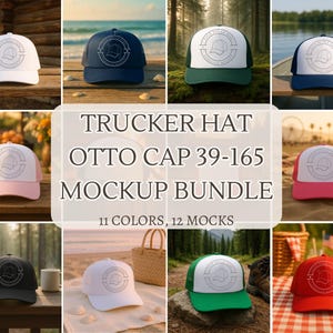 May include: A collection of trucker hats in various colors, including white, navy blue, green, pink, black, and red. Each hat features a white circular logo. The image includes the text "Trucker Hat Otto Cap 39-165 Mockup Bundle."