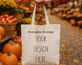 Natural Tote Fall Tote Bag Mockup Autumn Aesthetic Tote Mock Fall Market Tote Mockup Fall Season Tote Mock Autumn Tote Bag Mock Pumpkins