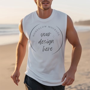 May include: White sleeveless shirt with the text "your design here" inside a circular design. The shirt is a mock-up, perfect for showcasing custom designs. The model is on a beach.