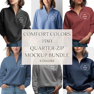 May include: A mockup bundle featuring six quarter-zip sweatshirts in various colors: black, light blue, burgundy, denim blue, gray, and navy. The sweatshirts have a mock neck and a zipper closure. The text "COMFORT COLORS 1580 QUARTER-ZIP MOCKUP BUNDLE 6 COLORS" is displayed.