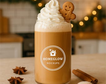 Mockup de copo de Natal, mockup de lata de vidro de 473 ml (16 oz), mockup de copo de Natal, mockup de lata de copo Libbey, mockup aconchegante de biscoito de gengibre natalino (POD).
