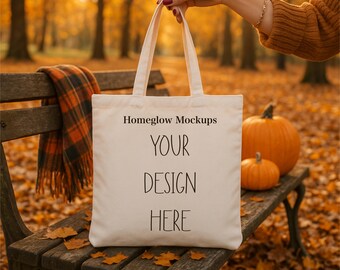 Fall Tote Bag Mockup: Autumn Leaves, Pumpkins JPEG Digital Download 5000x5000px Print on Demand