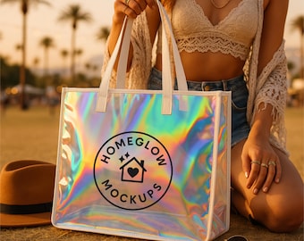 Holographic Tote Bag Mockup Personalized Tote Bag Mock PVC Bag Mockup Boho Festival Mockup Trendy Tote Mockup Desert Beach Tote Mockup POD