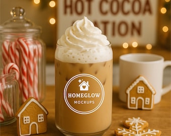 Mockup de copo de vidro de 473 ml (16 oz) para o Natal, mockup de copo de vidro Libbey, mockup fofo de Natal para chocolate quente em cápsulas.