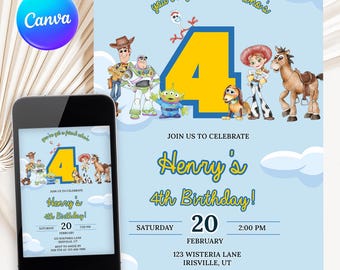 Zaproszenie urodzinowe Toy Story: edytowalny szablon Canva (pobranie cyfrowe)
