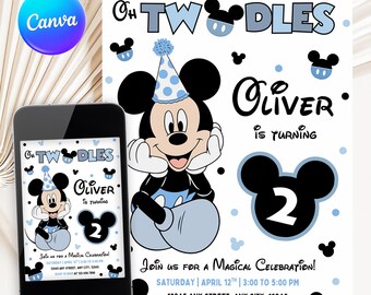 Oh Twodles Micky Maus Einladung zum 2.Geburtstag: Bearbeitbare Canva Vorlage