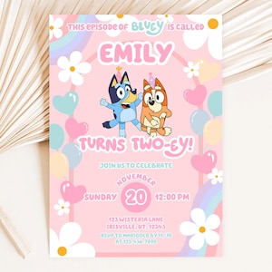 Bluey TWOEY 2nd Birthday Invitation, Bluey Rainbow Daisy Pink Girl Birthday Invite, Bluey Birthday Invitation