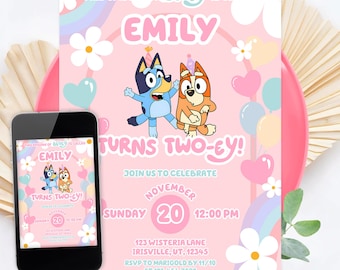 Bluey TWOEY 2nd Birthday Invitation, Bluey Rainbow Daisy Pink Girl Birthday Invite, Bluey Birthday Invitation