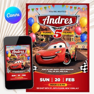Lightning McQueen Birthday Invitation: Editable Cars Theme (Canva Template)
