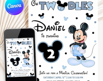 Oh Twodles Micky Maus Einladung zum 2. Geburtstag: Bearbeitbare Canva Vorlage (Digitaler Download)