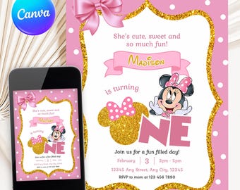 Minnie Mouse 1st Birthday Invitation: Pink Gold Glitter Coquette (Canva Template)
