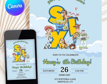 Toy Story 6th Birthday Invitation: Editable Canva Template