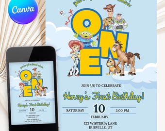 Toy Story 1st Birthday Invitation: Editable Canva Template