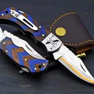 Handmade Pocket Clip Personalized Damascus Steel Pocket Knife, Custom Copper Folding Knife 7th Anniversary, Groomsman Gift Father&#39;s Day Gift