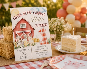 Barnyard Birthday Invitation | Farm Animal Party Invite | 1st Birthday | Editable Canva Template | Digital Download