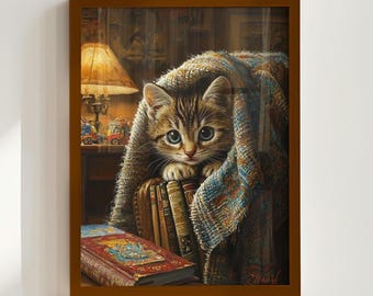Mysig oljemålning av nyfiken kattunge - Vintage kattväggkonst, rustik stugdekor, utskrivbar heminredning, bedårande kattungetryck 38