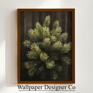 May include: A framed print featuring a detailed depiction of a green evergreen branch. The artwork is set against a dark background with vertical lines, and the frame is a warm brown. The text "Wallpaper Designer Co" is printed at the bottom.