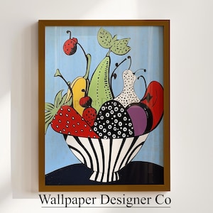 May include: A framed art print depicting a still life of fruit in a bowl. The bowl has black and white stripes. The fruit includes strawberries, cherries, and pears, set against a light blue backdrop. The text "Wallpaper Designer Co" is at the bottom.