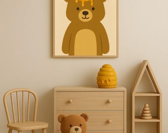 Cute Bear with Beehive Digital Print | Kids Wall Art |Nursery Decor | Honey Bear Printable Poster |Minimalist Animal Art for Children’s Room