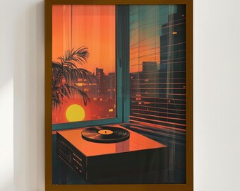 May include: Framed art print featuring a retro-style illustration of a record player by a window with a sunset view. The image has a warm color palette of orange, yellow, and teal. The text "Wallpaper Designer Co" is at the bottom.