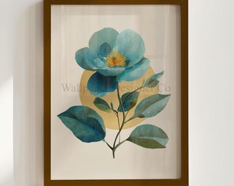 Minimalist Botanical Wall Art - Teal Floral Composition, Modern Plant Print, Rustic Cottagecore Decor, Printable Nature Art for Home 145