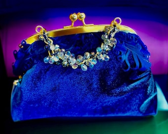 Navy Velvet Clutch: Crystal Beaded Evening Handbag.