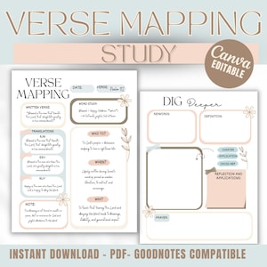 Op de afbeelding: Een digitale, printbare vers-mappingstudiegids met een lichtbeige en roze kleurenschema. De gids bevat secties voor versanalyse, woordstudie en reflectie. De tekst "Canva Editable" staat in een cirkel. De onderkant van de afbeelding zegt "Instant Download - PDF - Goodnotes Compatible".