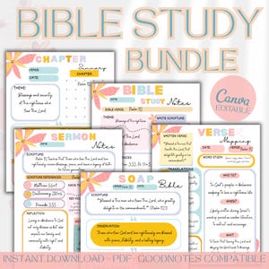 Könnte beinhalten: Ein digitales Bibelstudien-Bundle mit floralem Design. Das Bundle enthält Vorlagen für Kapitelzusammenfassungen, Notizen, Predigtnotizen, Vers-Mapping und SOAP-Bibelstudium. Der Text enthält "Bible Study Bundle" und "Instant Download PDF - Goodnotes Compatible".