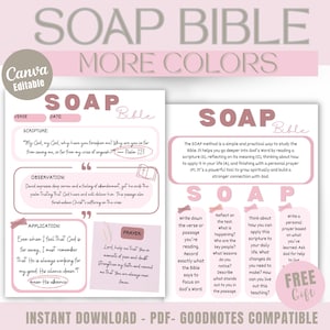 May include: A pink and white SOAP Bible study template with the words "SOAP Bible More Colors" at the top. The template includes sections for scripture, observation, application, and prayer, with a "Free Gift" offer.