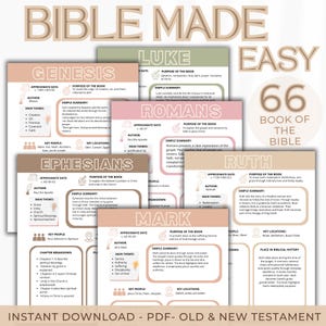 Puede incluir: Un gráfico de descarga digital titulado "Bible Made Easy" con información sobre 66 libros de la Biblia. El diseño presenta colores pastel e incluye resúmenes, personas clave y ubicaciones. El texto "Descarga instantánea - PDF - Antiguo y Nuevo Testamento" está en la parte inferior.