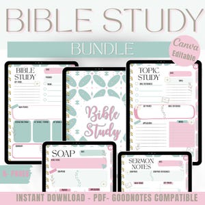 Peut inclure: Un ensemble d'étude biblique numérique avec six pages, comprenant l'étude de sujets, des notes de sermons et des pages de versets bibliques SOAP. Le design présente une palette de couleurs douces de rose, de sarcelle et de blanc, avec les mots "Bible Study".