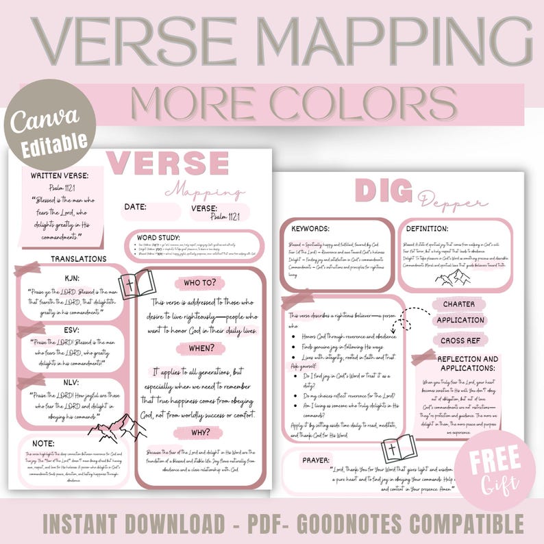 VERSE MAPPING Bible Study Template Editable in Canva, 4 Color Options ...