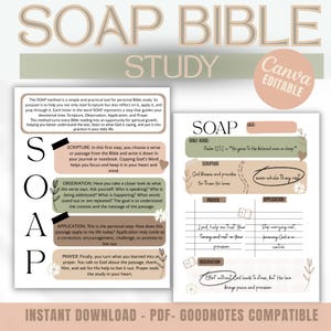 SOAP Bible Study Template Canva Editable Printable PDF Scripture Study Guide Reflection Journal Mission Journal GoodNotes A4 US Letter Sizes