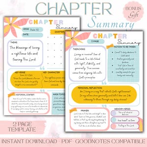 May include: A two-page chapter summary template with floral accents. The pages feature sections for verse, theme, teaching, and action items. Text includes "Instant Download - PDF - Goodnotes Compatible."
