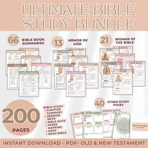 May include: A collection of Bible study materials, including 66 Bible book summaries, 13 Armor of God studies, and 21 studies on women of the Bible. The bundle includes 200 pages of content, with additional study pages and sermon notes. The text reads "Ultimate Bible Study Bundle."