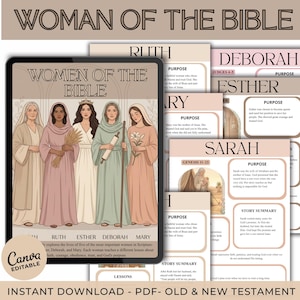Puede incluir: Una descarga digital con ilustraciones de cinco mujeres de la Biblia: Rut, Ester, Débora y María. La imagen incluye texto con el título "Woman of the Bible" y detalles sobre el propósito y el resumen de la historia de cada mujer. El producto es editable en Canva.