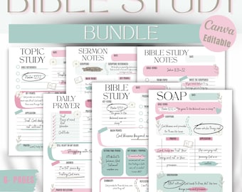 Editable Bible Study Template Bundle canva,Faith Growth, 6 templates, SOAP study, verse mapping, sermon notes & study guide,instant download
