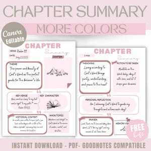 May include: A pink and white digital chapter summary template with the text "Chapter Summary" and "More Colors." The template includes sections for verse, date, theme, key verse, historical context, teaching, and action items. The words "Canva Editable" are also present.