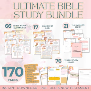 Ultimate Bible Study Guide Bundle, 170+ Pages, Bible Summary, Verse Mapping, SOAP Templates, Canva Editable, Digital Study Journal PDF