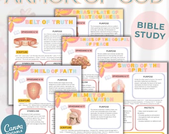 Armor of God Bible Study Worksheets, Ephesians 6 Study (Canva Editable PDF)