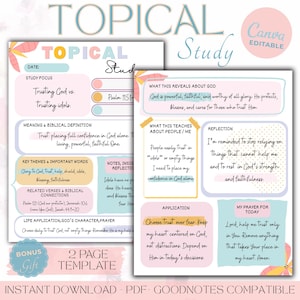 May include: A two-page digital template for a topical study, featuring pastel colors and floral accents. The study focuses on trusting God versus idols, with sections for definitions, key themes, and application. Includes the text "Canva Editable".