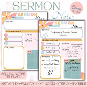 Druckbare Predigtnotizenvorlage, christliche Bibelstudie (Canva bearbeitbare PDF)