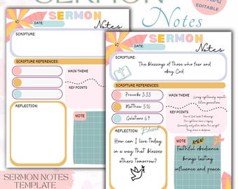 Printable Sermon Notes Template, Christian Bible Study (Canva Editable PDF)