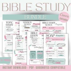Könnte beinhalten: Ein Bundle aus sechs druckbaren Bibelstudien-Seiten in Rosa und Grün, mit dem Titel "Bible Study Bundle". Jede Seite hat einen anderen Fokus, darunter Themenstudium, Predigtnotizen und tägliches Gebet. Die Seiten sind Canva-editierbar.