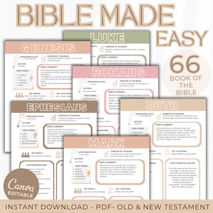 Puede incluir: Una descarga digital con guías de estudio bíblico para el Antiguo y Nuevo Testamento. Las guías incluyen resúmenes, temas clave y ubicaciones para cada libro. El diseño es en tonos neutros suaves con el texto "Bible Made Easy".