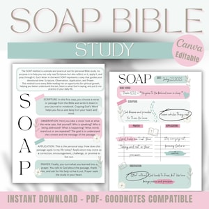 Könnte beinhalten: Eine digitale SOAP-Bibelstudienvorlage mit einem rosa und teal Farbschema. Die Vorlage enthält Abschnitte für Schrift, Beobachtung, Anwendung und Gebet. Der Text enthält "Sofortiger Download - PDF - Goodnotes kompatibel."
