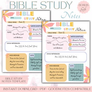 Könnte beinhalten: Zwei Bibelstudien-Notizvorlagen mit floralen Akzenten. Jede Vorlage enthält Abschnitte für Datum, Bibelvers, Thema, Thema, Querverweise, Hauptbotschaft und Notizen. Der Text enthält "Fear of the Lord and obedience."